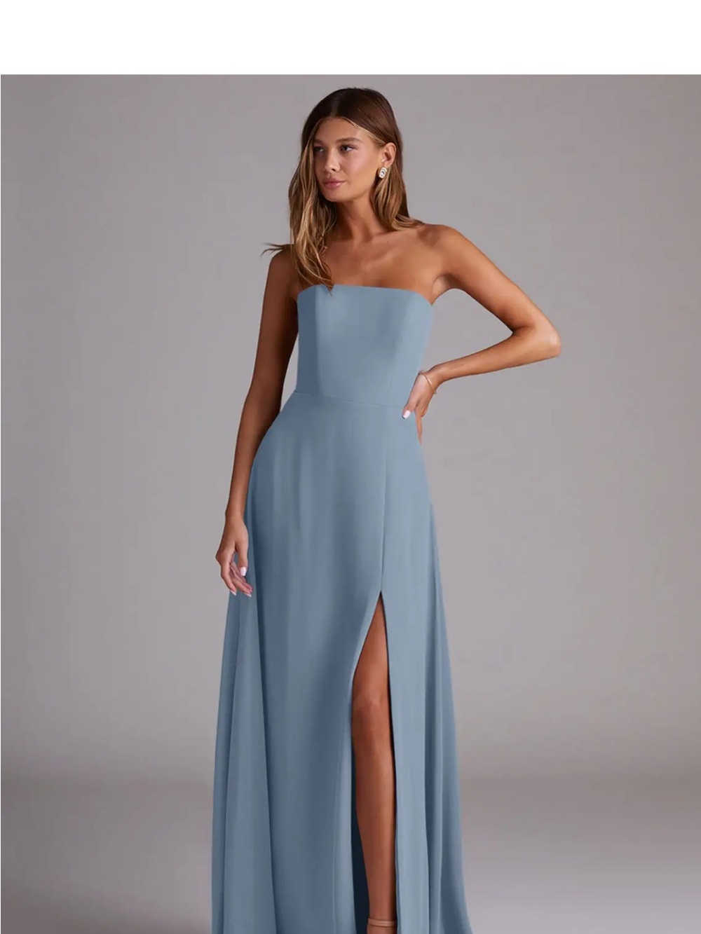 Azazie Strapless Slate Blue Formal Gown with High Slit
